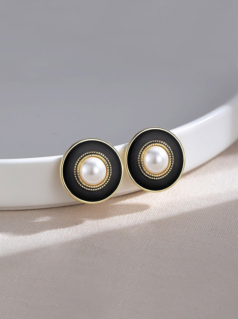 Black Drip Glaze Shell Pearl Earrings E0559